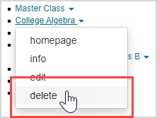 Clicking on the arrow to the right of the name of the class displays a popup, and delete is the fourth option in the popup.